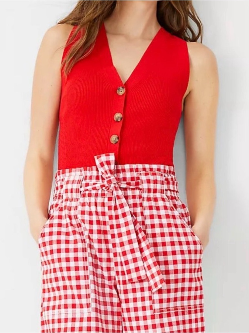 Ann Taylor The Gingham Tie Waist Short in Linen Blend large red